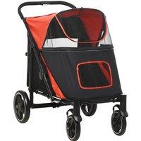 PawHut Pet Stroller with Universal Front Wheels, Shock Absorber, One Click Foldable Dog Cat Carriage with Brakes, Storage Bags, Red Aosom UK