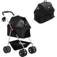 PawHut 3 in 1 Pet Stroller, Folding 4 Wheels Dog Pram with Detachable Carrier for Mini Dogs Cats, Black