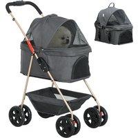 PawHut 3 in 1 Pet Stroller, Folding 4 Wheels Dog Pram with Detachable Carrier for Mini Dogs Cats, Grey