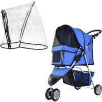 PawHut Dog Stroller, Miniature Dog and Cat Pushchair with Cover, Cup Holder, Storage, Reflective Safety Strips, Blue Aosom UK