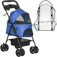 PawHut Dog Stroller with Rain Cover, One-Click Fold Pushchair with Brake, Basket, Adjustable Canopy, Safety Leash, Blue. Aosom UK