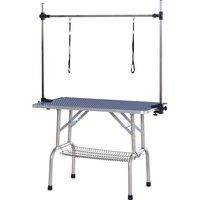 PawHut Adjustable Dog Grooming Table Rubber Top 2 Safety Slings Mesh Storage Basket Heavy Metal Blue 107 x 60 x 170cm Aosom UK