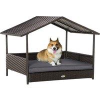PawHut Rattan Dog House, Elevated Wicker Pet Bed Lounge with Removable Cushion and Canopy, for Small and Medium Dogs, 98 x 69 x 73cm - Grey Aosom UK