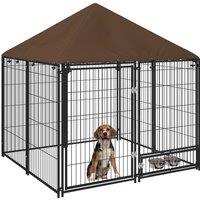 PawHut Outdoor Dog Kennel Puppy Play Pen with Canopy Garden Playpen Fence Crate Enclosure Cage Rotating Bowl 141 x 141 x 151 cm Aosom UK