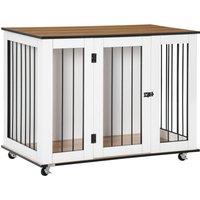 PawHut Dog Cage End Table with Five Wheels, Dog Crate Furniture for Large Sized Dogs, with Front Door Latch, Indoor Use, White Aosom UK