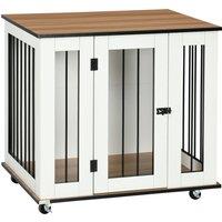 PawHut Dog Crate Furniture with Wheels, Dog Cage End Table for Medium Dogs, with Lockable Door, White, 80 x 60 x 76.5cm Aosom UK