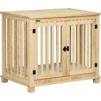 PawHut Wooden Dog Crate, with Double Doors, Cushion, for Medium Dogs - Natural Finish
