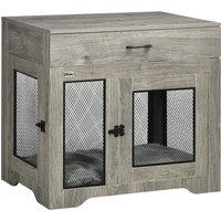 PawHut Indoor Use Dog Crate Furniture with Cushion, Double Doors Pet Kennel End Table with Drawer for Medium Dogs, Grey