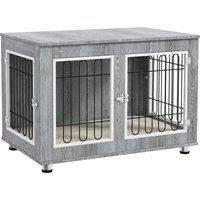 PawHut Dog Crate Furniture End Table, with Washable Cushion, Double Doors, for Medium/Large Dogs, Grey