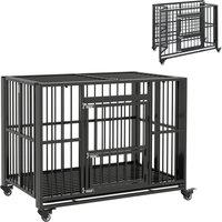 PawHut Durable Dog Crate, 43" Foldable Cage, Top Opening, Lockable, Removable Tray, Wheels, Black Aosom UK