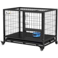 PawHut Heavy Duty Dog Crate on Wheels w/ Bowl Holder, Removable Tray, Detachable Top, Double Doors for L, XL Dogs Aosom UK