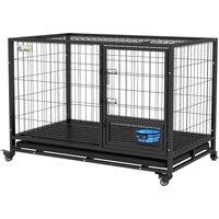 PawHut 48" Heavy Duty Dog Crate on Wheels w/ Bowl Holder, Removable Tray, Detachable Top, Double Doors for L, XL Dogs Aosom UK