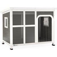 PawHut Wooden Dog House Outdoor with Asphalt Openable Top, Removable Floor, Clear Front Panel, Curtain, 90 x 62 x 71cm