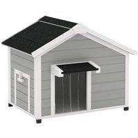 PawHut Wooden Dog House Outdoor with Openable Roof, Removable Floor, Curtain, Elevated Feet, for Medium Dogs, Light Grey