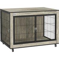 PawHut Dog Crate Furniture with Wheels, Double Doors, for Medium Dogs, 80 x 56 x 62.5cm, Grey