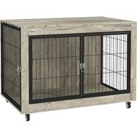 PawHut Dog Crate Furniture with Wheels, Double Doors, for Large Dogs, 100 x 60 x 73.5cm, Grey