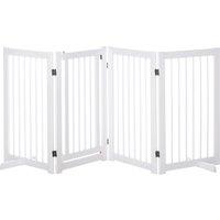 PawHut Wooden Freestanding Pet Gate 4 Panels 91cm Foldable Dog Safety Fence with 2 Support Feet Walk-through Door for Doorway Stairs White Aosom UK