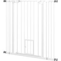 PawHut Extra Tall Pet Gate, Indoor Dog Safety Gate, with Cat Flap, Auto Close, 74-101cm Wide - White Aosom UK