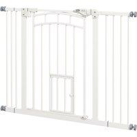 PawHut Stair Dog Gate with Cat Door, Pressure Fit, Auto Close, Double Lock, 74-100cm Openings, White Aosom UK