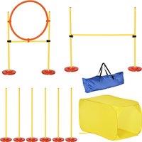 PawHut 4PCs Portable Pet Agility Training Obstacle Set for Dogs w/ Adjustable Weave Pole, Jumping Ring, Adjustable High Jump, Tunnel Aosom UK