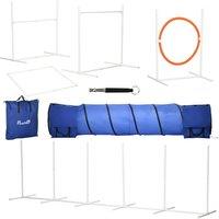 PawHut 6-Piece Dog Agility Equipment Set with 3(m) Long Tunnel & Canine Whistle, Pause Box, Jumps, Weave Poles, Multicolour