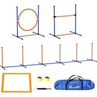 PawHut Dog Agility Training Equipment with Weave Poles, Jump Ring, Pause Box, Adjustable Hurdle, Carry Bag, Orange