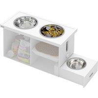 PawHut Raised Dog Bowls w/ Slow Feeder Mat, Storage Cabinet, 3 Stainless Steel Bowls, Semi-Auto Dispenser Function, White
