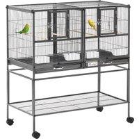 PawHut Double Rolling Metal Bird Cage Parrot Cage with Removable Metal Tray, Storage Shelf, Wood Perch, and Food Container