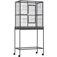 PawHut Avian Abode: Wheeled Metal Cage for Canaries & Parakeets, Wooden Perch, Feeder Tray, Jet Black Aosom UK