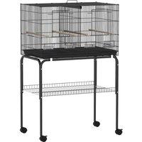 PawHut Bird Cage with Divider, 4 Wooden Perches, Slide Out Tray, 4 Feeders, for Budgie, Lovebird, Canary, 76 x 46 x 116cm Black