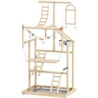 PawHut 95 cm Wooden Bird Playground with Ladders, Chain Toy, Stainless Steel Cups and Tray, Bird Cage Accessories, Natural
