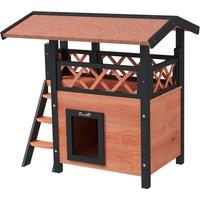 PawHut Cat House Outdoor w/ Balcony Stairs Roof, 77 x 50 x 73 cm, Brown Aosom UK