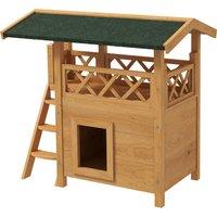PawHut Cat House Outdoor w/ Balcony Stairs Roof, 77 x 50 x 73 cm, Natural Aosom UK