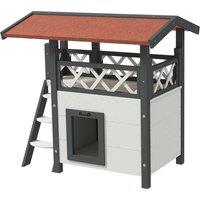 PawHut Cat House Outdoor w/ Balcony Stairs Roof, 77 x 50 x 73 cm, White