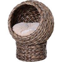 PawHut Wicker Cat Bed, Raised Rattan Cat Basket with Cylindrical Base, Soft Washable Cushion, 42 x 33 x 52cm - Brown Aosom UK
