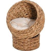 PawHut Wicker Cat Bed, Raised Rattan Cat Basket with Cylindrical Base, Soft Washable Cushion, Brown, 42 x 33 x 52 cm Aosom UK