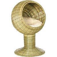 PawHut Cat House Elevated, Natural Mat Grass Bed, Round Kitten Cave with Cushion, Detachable Top, Yellow, 41 x 71.5 cm Aosom UK