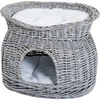 PawHut Wicker Cat House, 2-Tier Elevated Pet Bed Basket, Willow Kitten Tower with Washable Cushions, 56x37x40cm, Grey Aosom UK