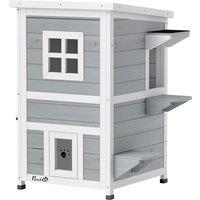 PawHut Wooden Cat House 2-Floor Outdoor Kitten Shelter with 3 Doors and Window Grey