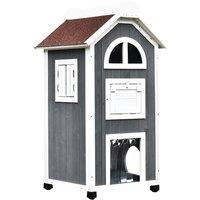 PawHut Wooden Cat House, Weatherproof Pet Shelter, Outdoor Cat Condos Cave, 2 Floor Furniture, Grey and White Aosom UK