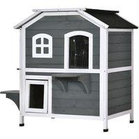 PawHut Solid Wood Cat Condos Pet House Water Proof Outdoor 2-Floor Villa, Grey Aosom UK