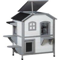 PawHut 2-Storey Indoor or Outdoor Wooden Cat Enclosure Kitty Shelter with Escape Door, Openable Weatherproof & Waterproof Roof, White Aosom UK