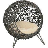 Pawhut Woven Rattan Elevated Cat Bed House Kitten Pussy Basket Ball Shaped Pet Furniture w/ Removable Cushion Natural 52 x 52 x 58 cm, Silver Grey