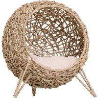 PawHut Cat Hammock Rattan Cat House Ball-Shaped Cat Bed with Hand-Woven PE, Cushion & Three-Legged Base, Natural Wood Finish Aosom UK