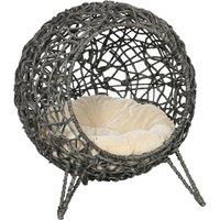 PawHut Rattan Elevated Cat Bed: Cosy Ball-Shaped Kitten Abode with Removable Cushion, Silver-Tone and Grey Aosom UK