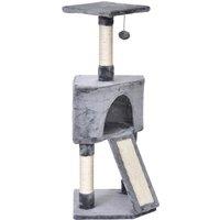 PawHut Cats 3-Tier Sisal Rope Scratching Post w/ Dangle Toy Grey Aosom UK