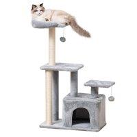 PawHut Feline Fun Tower: 114cm Tall Activity Centre with Scratching Posts, Perch, Dangling Ball & Condo, Light Grey Aosom UK