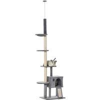 PawHut Cat Tower, 280cm Huge Activity Center Floor-to-Ceiling with Scratching Post, Hammock, Hanging Ball, Light Grey Aosom UK