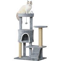 PawHut 100cm Cat Tree Tower Condo Multi Platform Kitty Cat Center with Climbing Ladder Scratching Post Hanging Toy Ball, Light Grey Aosom UK