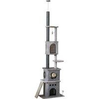 PawHut Cat Climbing Tree 255cm Adjustable Kitty Activity Centre Floor-to-Ceiling Climber with Double Condo, Play Rest Post, Light Grey Aosom UK